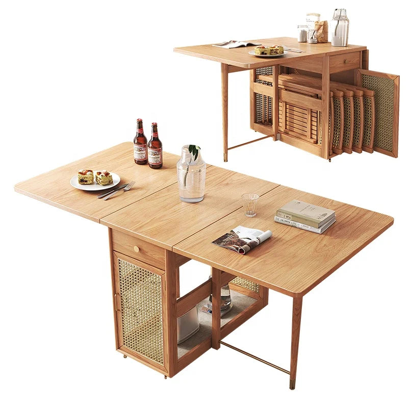 Modern Foldable Dining Table Set with Wooden Mobile Table, Rattan Storage & 4 Chairs