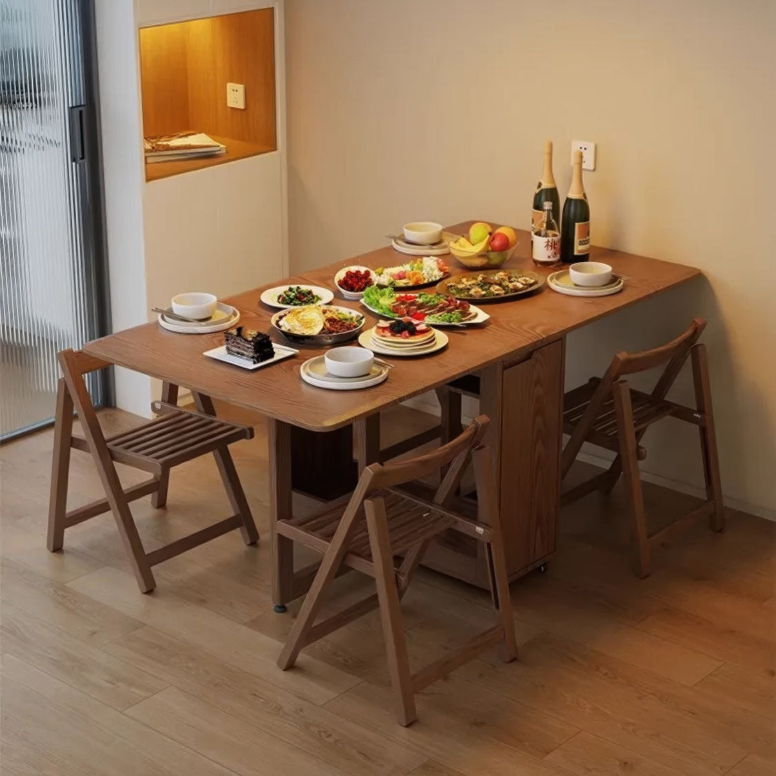 Foldable Wooden Dining Table with Storage Cabinet